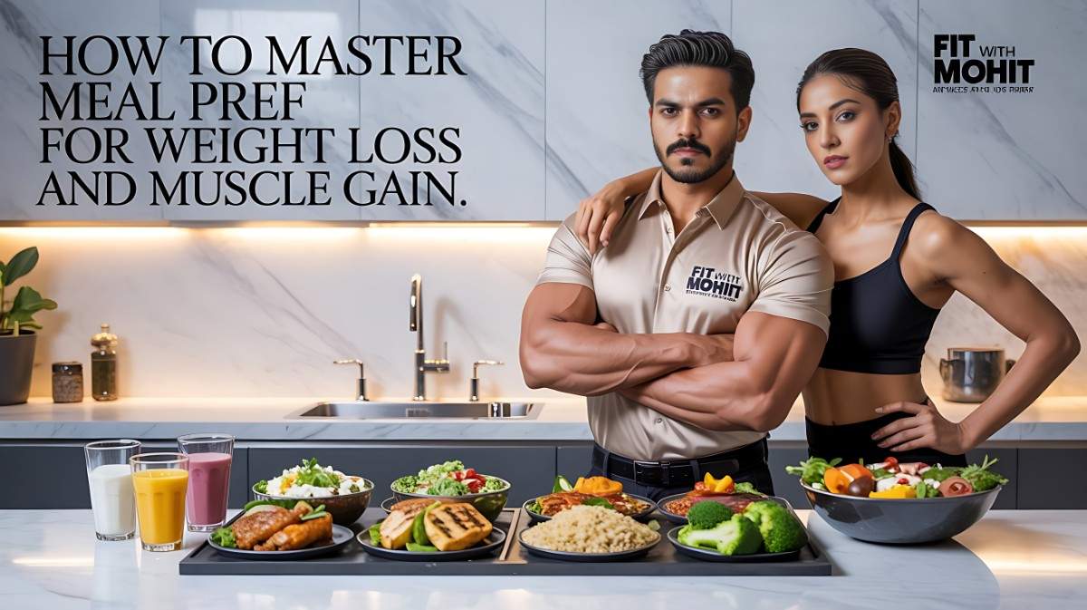 Person organizing meal prep containers in a kitchen as a plan for weight loss and muscle gain