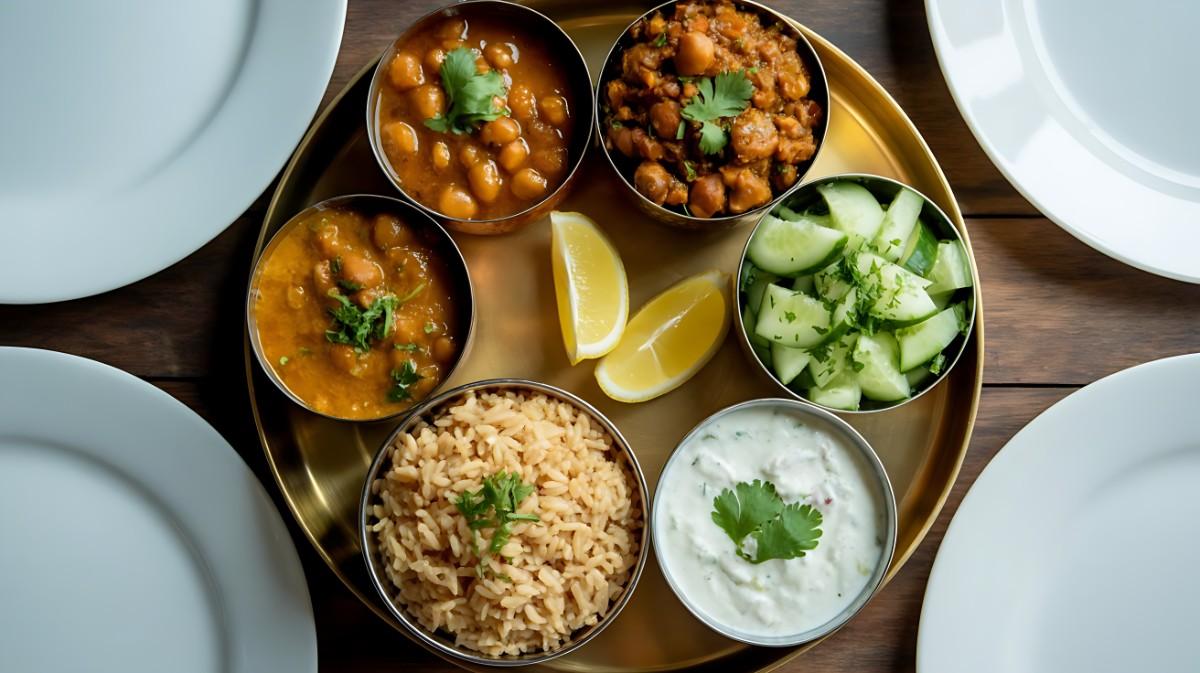 A healthy Indian thali meal for weight loss, featuring chana masala, brown rice, and yogurt
