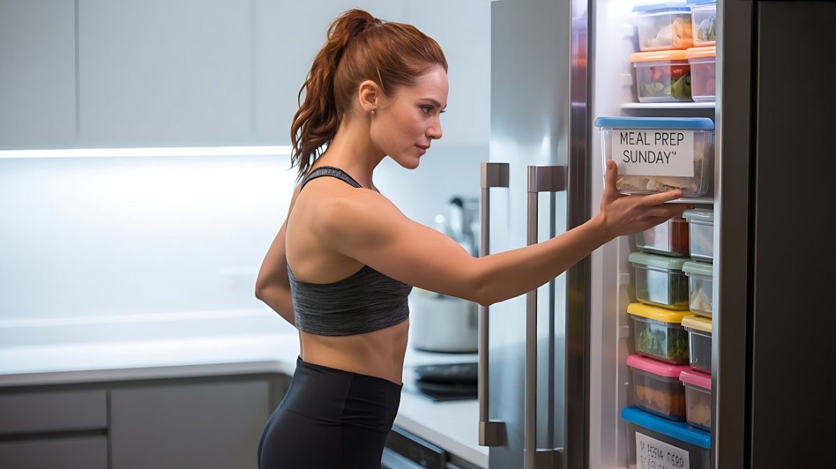 A determined person placing a pre-prepared meal into the fridge as part of their plan for weight loss and muscle gain
