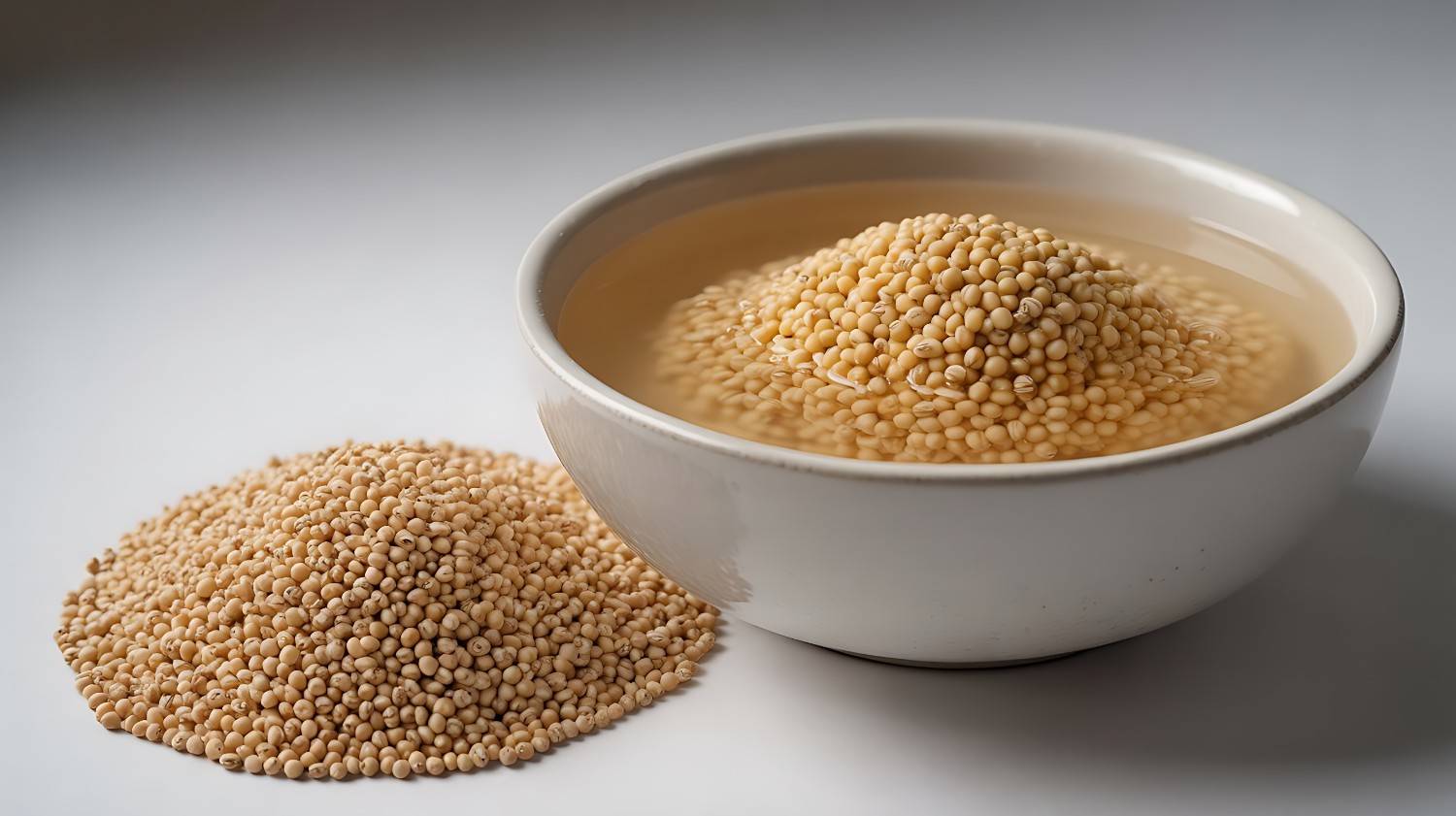 A side-by-side image showing dry, uncooked millets on the left and plump, soaked millets on the right. This visually demonstrates the benefit of soaking millets for easier digestion and better cooking.