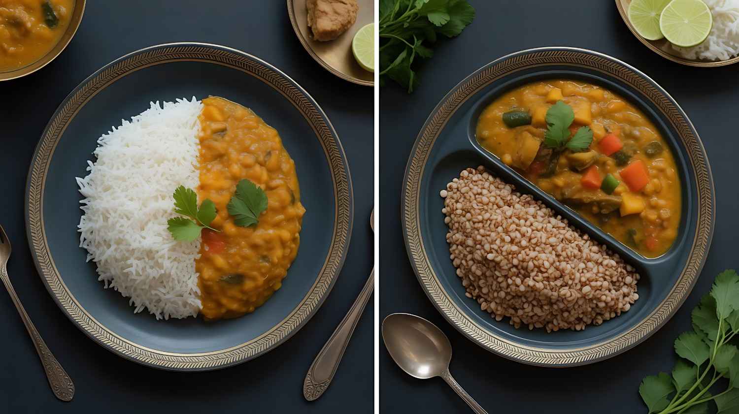 A split-screen image showing a healthier meal swap. On the left is a traditional Indian plate with white rice, and on the right is the same plate with millets, vegetable curry, and dal.