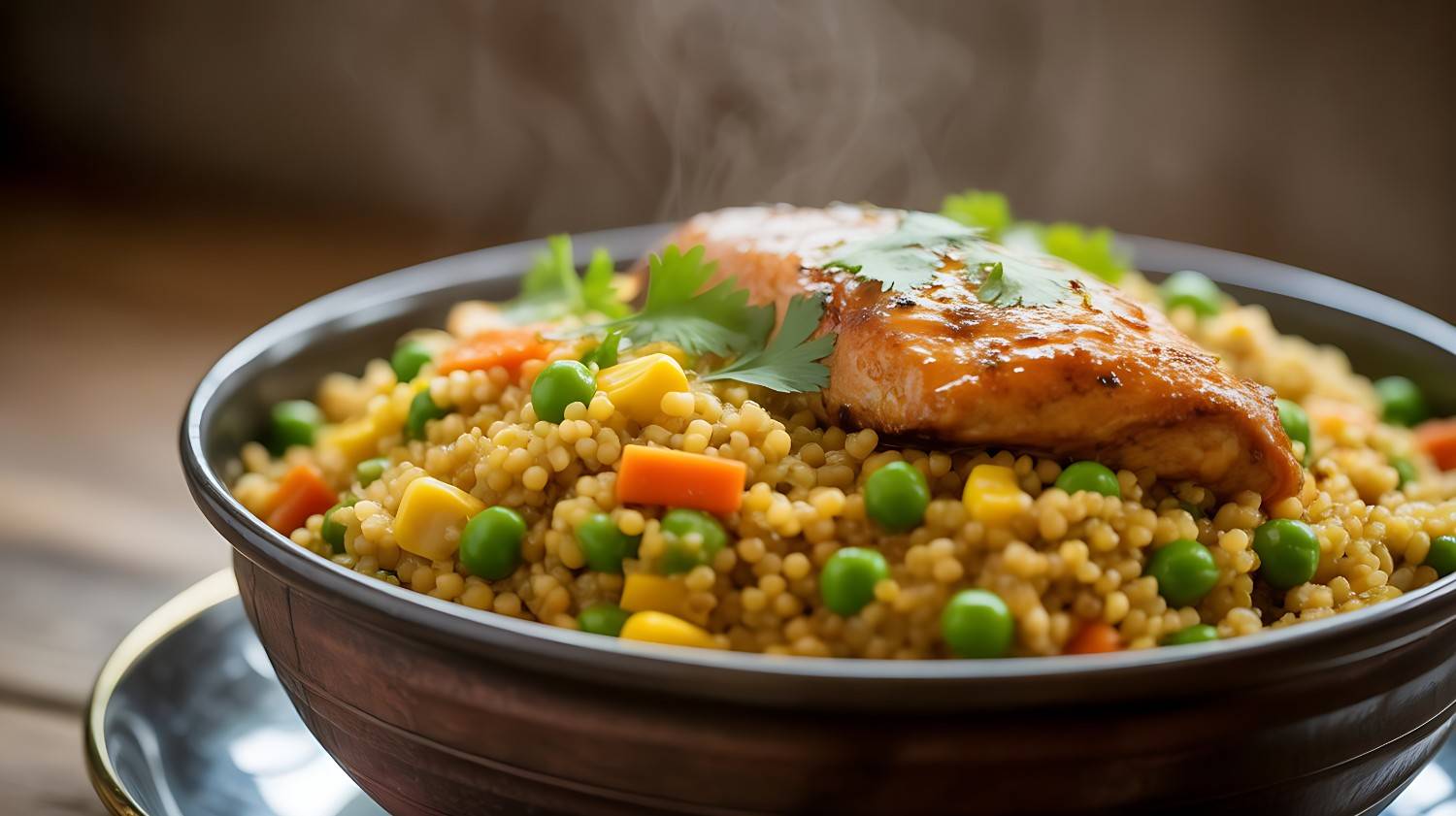 A steaming, close-up shot of a bowl of millet pulao, with fluffy grains mixed with vibrant vegetables like carrots and peas, and garnished with fresh coriander.
