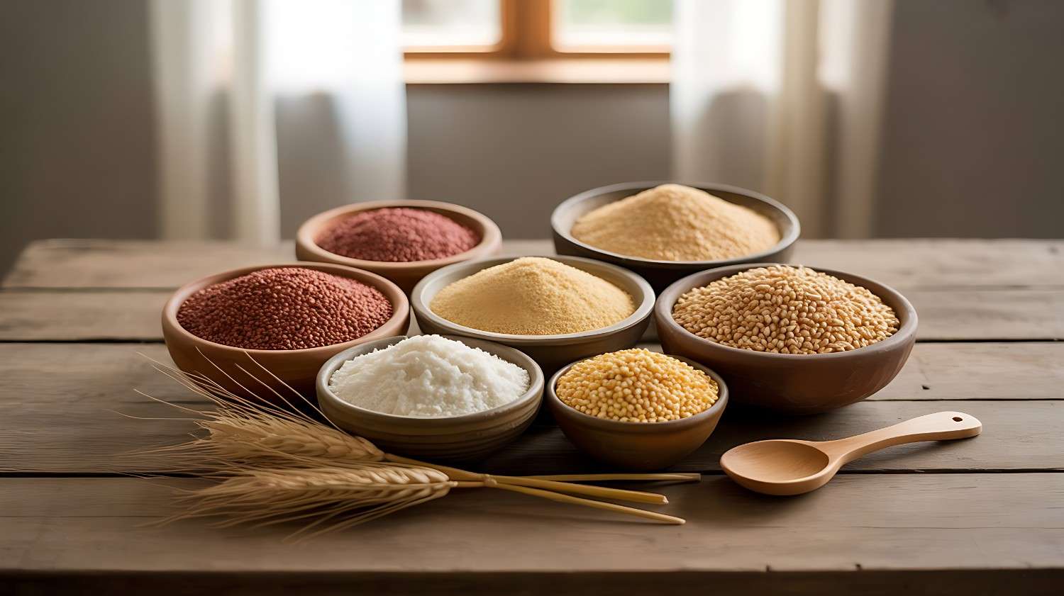 Three small bowls on a rustic wooden table, each containing a different type of raw millet: red ragi, white jowar, and beige bajra.