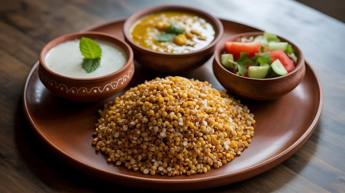 A balanced Indian meal featuring millets, a bowl of dahi (curd), yellow moong dal, and a fresh salad, illustrating a gut-friendly diet that combines prebiotics and probiotics.