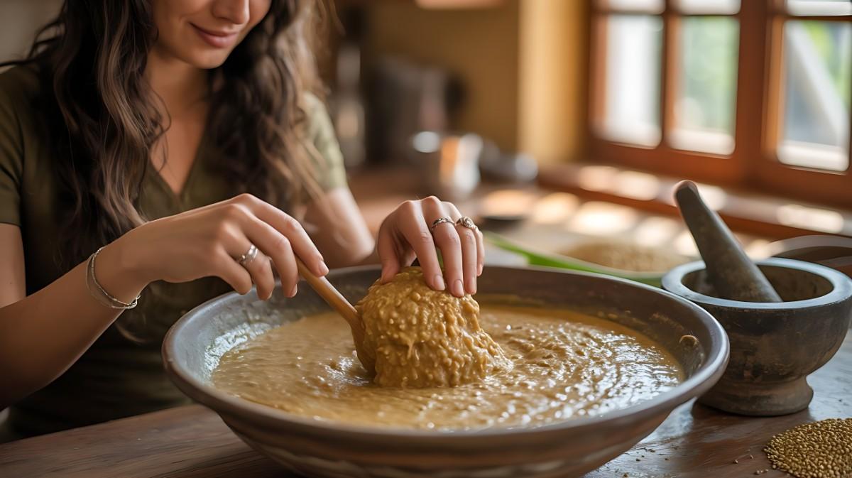 A close-up of a person's hands mixing a millet and lentil batter in a ceramic bowl, capturing the traditional process of fermentation for gut-healthy Indian dishes like idli and dosa.