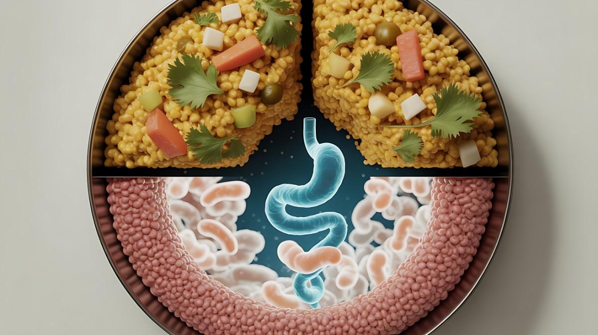 A conceptual image showing a healthy millet khichdi meal with an artistic, microscopic overlay of flourishing gut bacteria, representing the scientific benefits of millets for the gut microbiome.