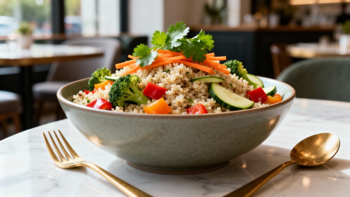 A colorful bowl of Protein-Packed Vegetable Quinoa, featuring peas, carrots, and spices, garnished with fresh coriander. Healthy Indian breakfast alternative.