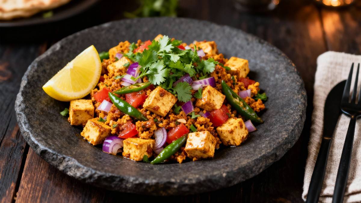 A vibrant Spiced Tofu Scramble (bhurji style) with colorful vegetables and fresh coriander, served hot in an Indian bowl. Plant-based protein breakfast.