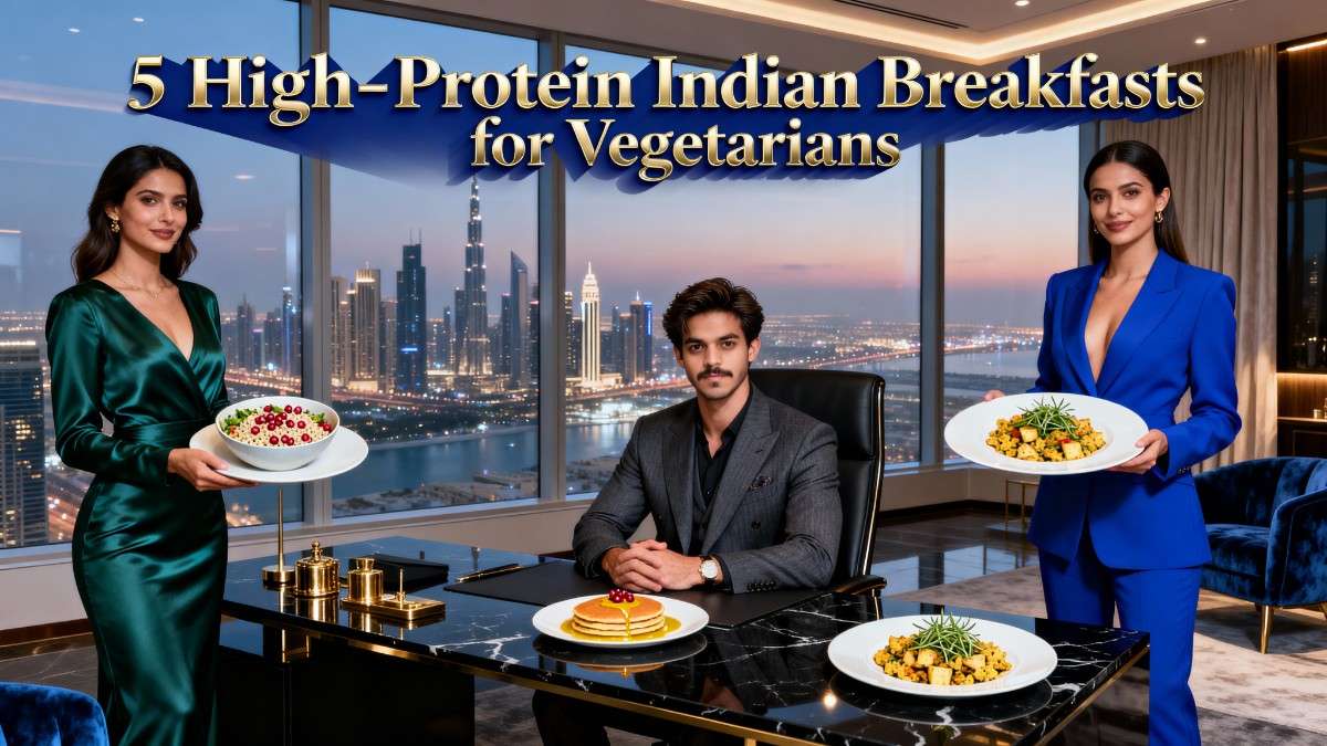 Mohit Verma showcasing 5 High-Protein Indian Breakfasts for Vegetarians in a luxury office with the Dubai skyline.