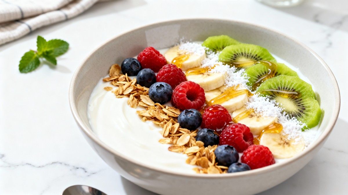 A refreshing High-Protein Greek Yogurt bowl mixed with whey protein, topped with fresh mixed berries, chia seeds, and pumpkin seeds. Quick vegetarian breakfast.