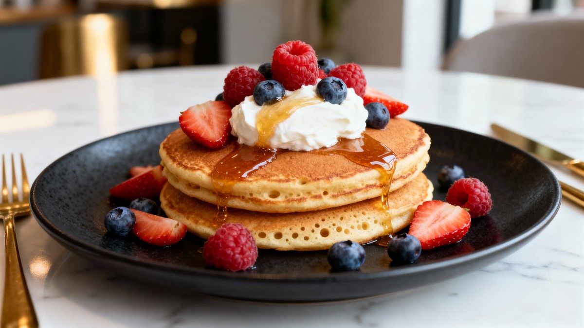 A stack of fluffy High-Protein Pancakes made with whey protein, banana, and nuts, garnished with fresh fruit. Healthy Indian vegetarian breakfast.