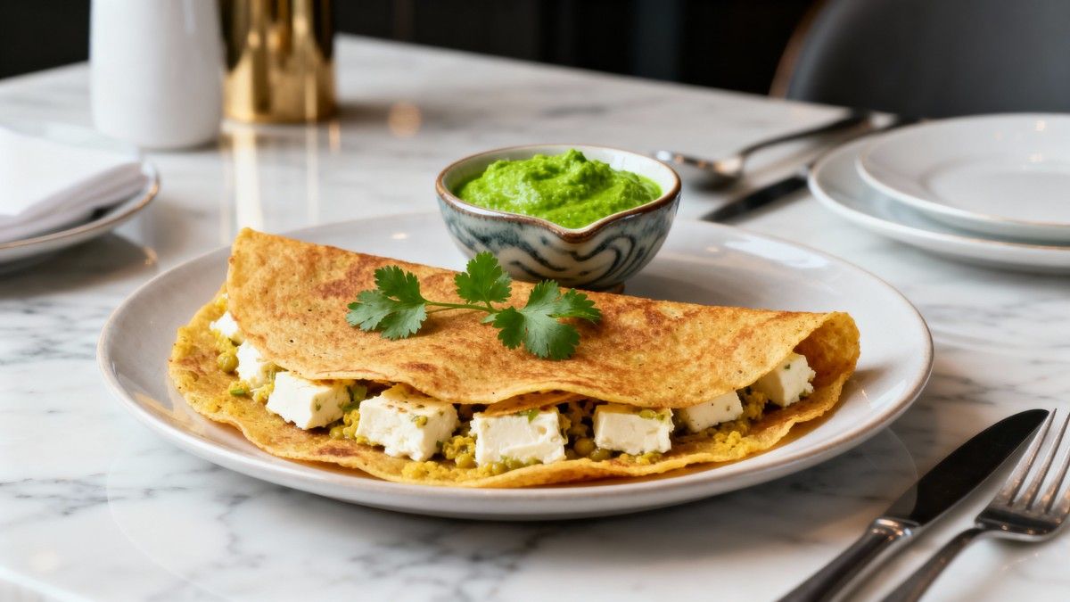 Golden-brown Moong Dal Cheela stuffed with savory paneer and fresh herbs, served on a plate. High-protein Indian vegetarian breakfast.