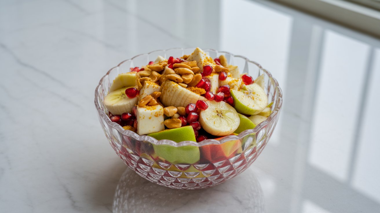 A clear bowl filled with a colorful fruit chaat, topped with roasted peanuts and cubes of paneer.