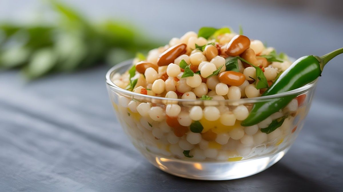 A stunning, detailed shot of translucent sabudana khichdi with peanuts and fresh herbs in a modern glass bowl.