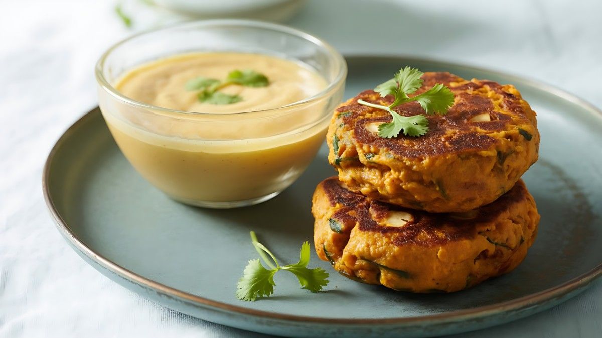 A stack of golden-brown sweet potato and peanut tikkis on a dark slate, garnished with fresh cilantro and a side of yogurt dip.