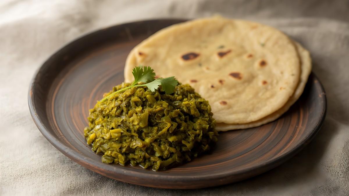 A plate with a freshly made Rajgira Roti next to a bowl of vibrant green Palak Paneer.