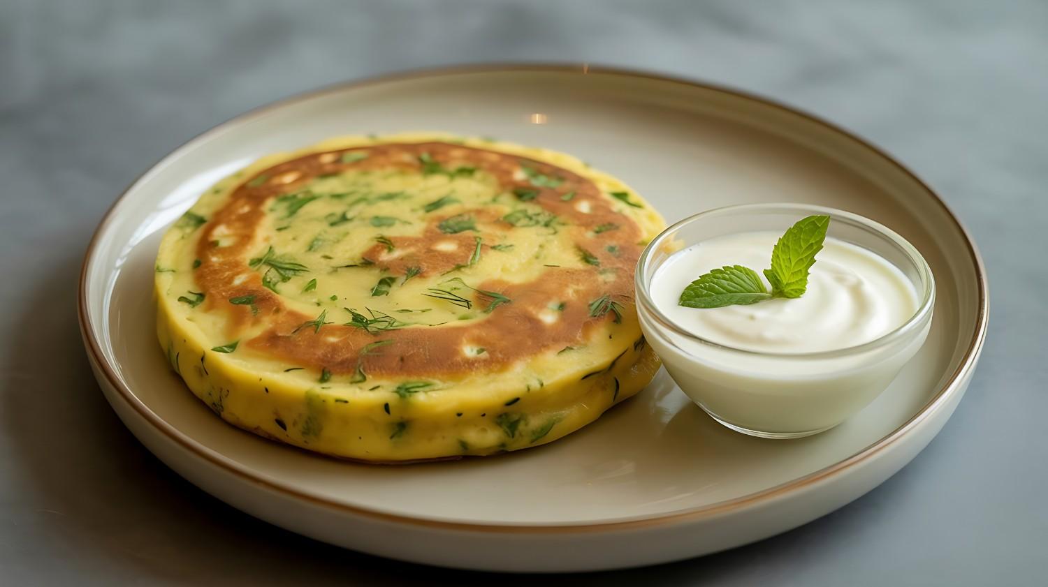 A golden-brown Kuttu Ka Chila with green herbs on a white plate, served with a small bowl of thick Greek yogurt.