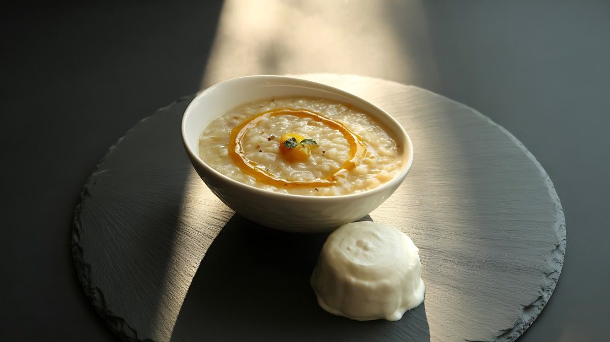 A beautifully presented bowl of Sama rice khichdi next to a small bowl of smooth hung curd on a dark, sleek platter.