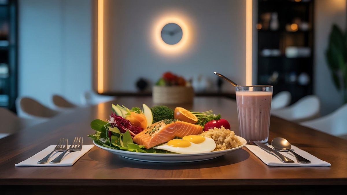 A single luxury meal of salmon, vegetables, and quinoa on a dining table with a clock in the background, representing one meal a day for OMAD diet weight loss.