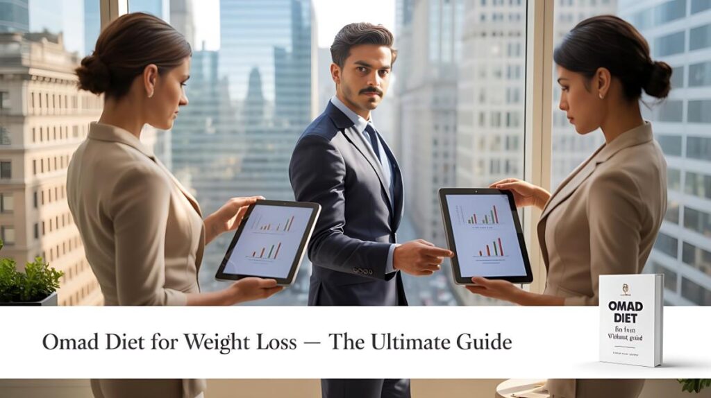 Mohit Verma in a luxury modern office with two stylish secretaries, showcasing power and confidence. Bold text on image: OMAD Diet for Weight Loss – The Ultimate Guide.