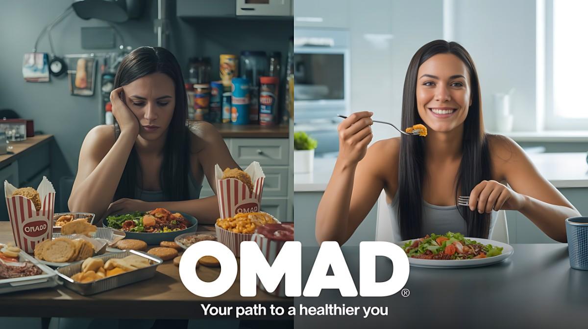 Before and after comparison showing a tired person surrounded by junk food versus the same person fit and confident with one healthy meal, illustrating OMAD diet for weight loss success.