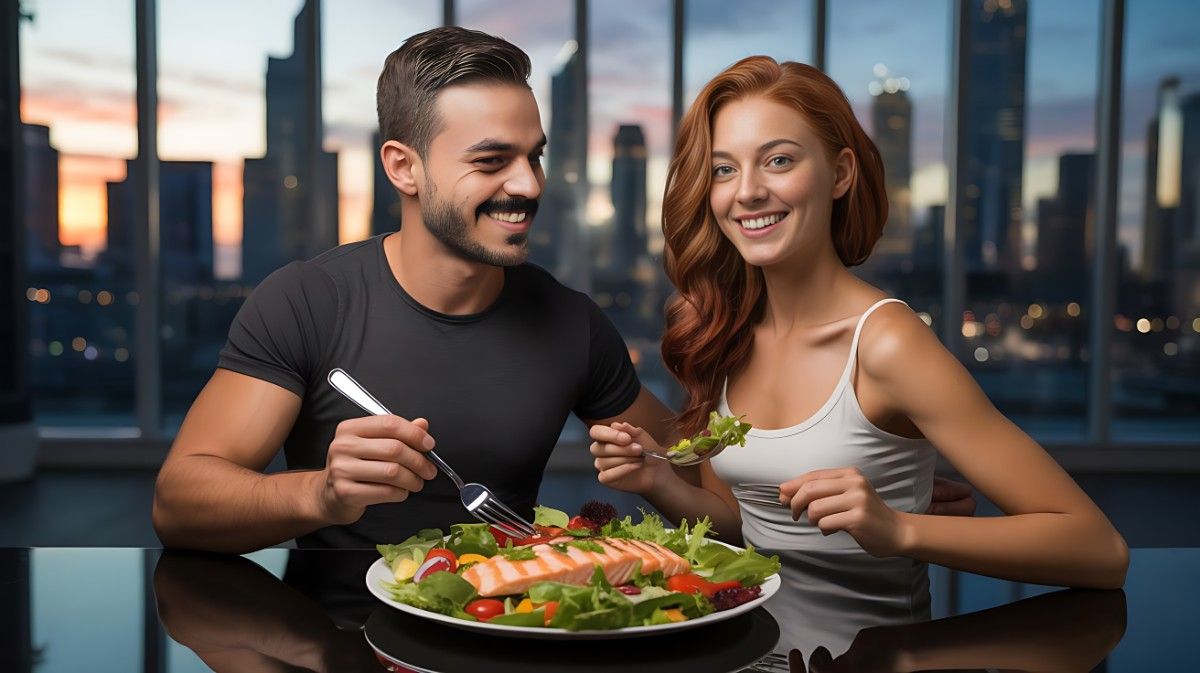 Fit man and woman enjoying their single healthy meal of the day at a modern dinner table, symbolizing the OMAD diet lifestyle for weight loss.