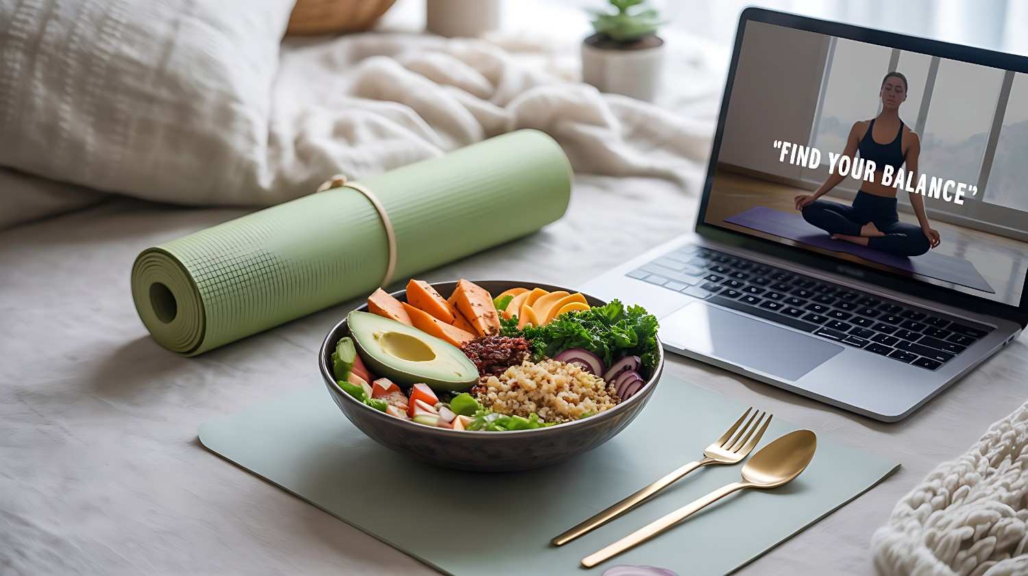 A balanced lifestyle scene: a flat lay of a healthy vegetarian meal bowl, yoga mat, and a laptop showing a virtual yoga class. The colors are vibrant yet elegant, with golden cutlery and luxury aesthetic details in the background. This image should subtly connect yoga with diet, lifestyle, and holistic health.