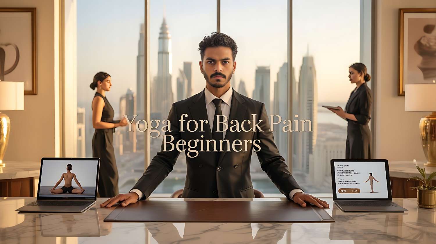 Yoga for back pain beginners luxury brand image featuring Mohit Verma, young Indian diet and fitness expert, in a black suit with golden design in his Dubai skyline office with two secretaries, premium wellness lifestyle concept.