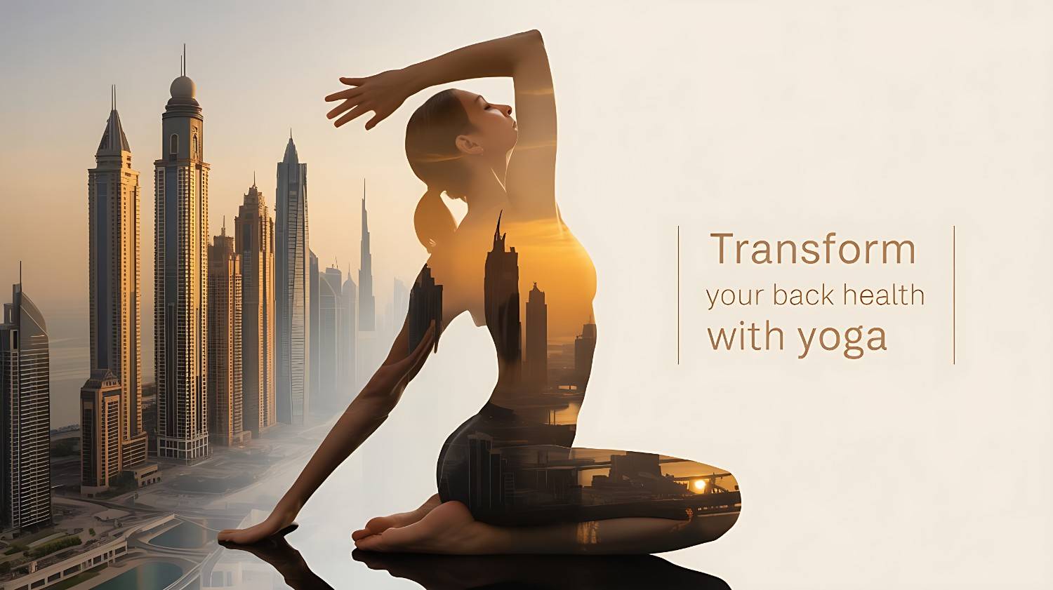 Dubai skyline at sunset with silhouette of yoga pose, symbolizing yoga for back pain beginners, luxury wellness transformation, and holistic lifestyle brand.