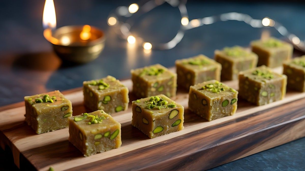Rich orange Sweet Potato and Coconut Barfi squares with coconut flakes and pistachios, on a wooden board with date paste. Healthy festive sweet.