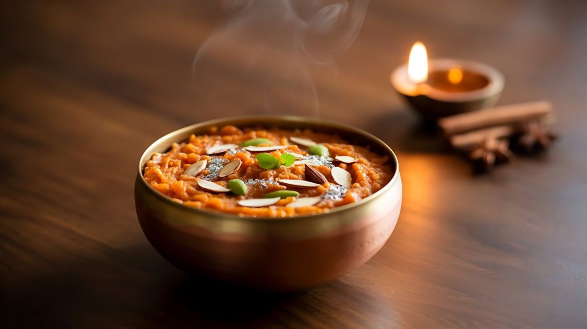 Steaming bowl of vibrant Carrot and Oats Halwa with almonds, pistachios, and silver varak, on a wooden table with festive diyas. Healthy Diwali dessert.