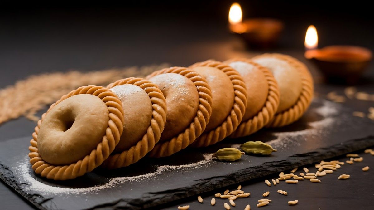 Golden-baked Whole Wheat Karanji pastries on a dark board, lightly dusted with poppy seeds, with festive lights in the background. Healthy Indian Diwali snack.