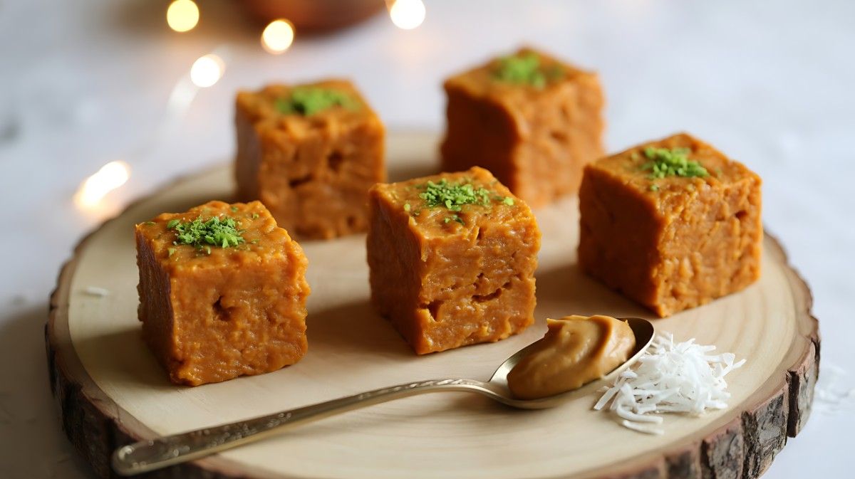 Neatly arranged square pieces of Moong Dal Burfi, garnished with green pistachios, on a dark wooden board with festive lights. Guilt-free Indian mithai.