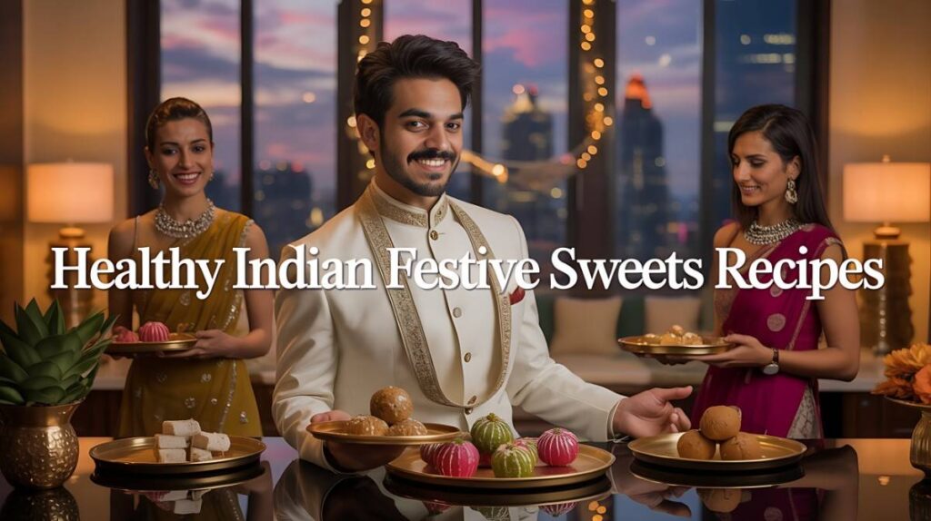 Handsome 24-year-old man in a luxurious white and gold ethnic suit, seated in his ultra-modern Diwali-decorated office, flanked by two elegant secretaries holding plates of healthy Indian sweets. Festive golden lights and modern décor create a rich, celebratory atmosphere, with bold text reading “Healthy Indian Festive Sweets Recipes.”