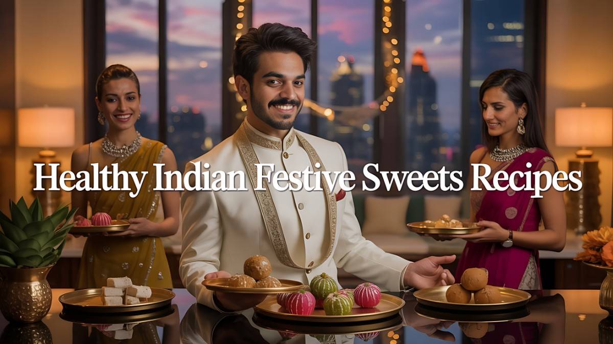 Handsome 24-year-old man in a luxurious white and gold ethnic suit, seated in his ultra-modern Diwali-decorated office, flanked by two elegant secretaries holding plates of healthy Indian sweets. Festive golden lights and modern décor create a rich, celebratory atmosphere, with bold text reading “Healthy Indian Festive Sweets Recipes.”