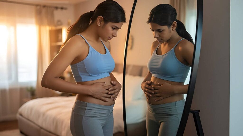 A wone checking belly fat in mirror before starting weight loss journey. How to lose belly fat