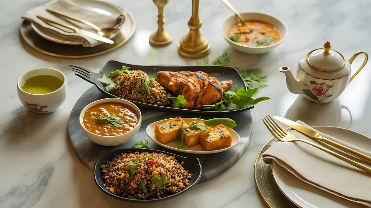 Luxury flat lay of high-protein Indian foods including paneer tikka, lentil soup, grilled chicken, quinoa salad, and green tea, styled on marble table with gold cutlery for weight loss.”