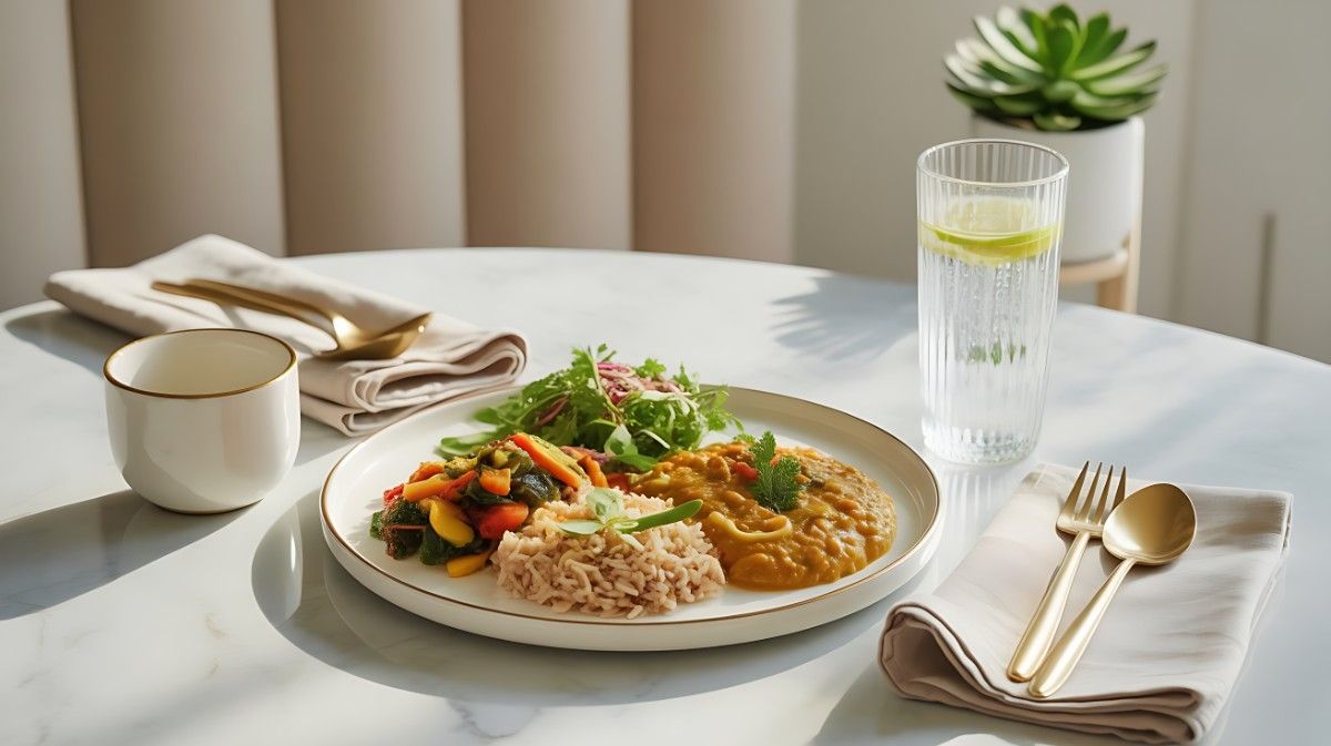 Premium plated Indian vegetarian weight loss meal with brown rice, dal, sautéed vegetables, salad, and lemon water on a marble table, representing healthy Indian diet plan for weight loss.