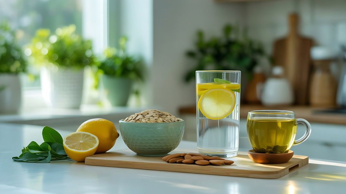 Luxury morning breakfast setup with detox lemon water, oats bowl, almonds, and green tea on a modern kitchen table, symbolizing healthy Indian diet plan for weight loss.