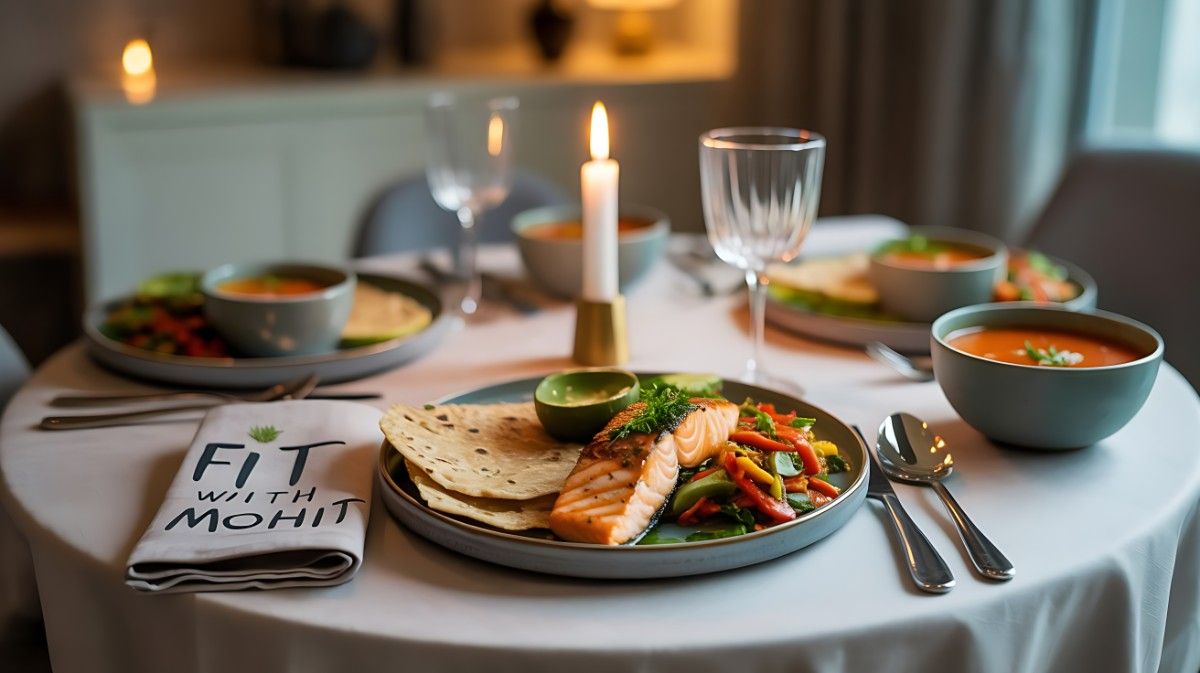 Elegant dinner table with healthy Indian meal including grilled fish, sautéed vegetables, multigrain roti, and soup, styled with premium lighting for simple Indian diet plan for weight loss.